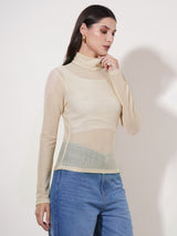 Clobug Women High Neck Full Sleeve Net Top