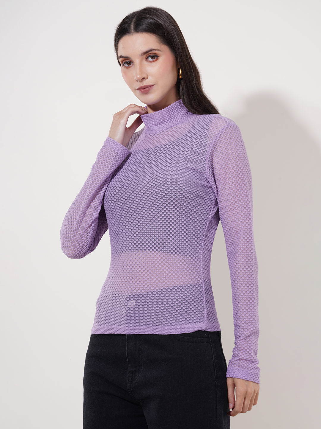 Clobug Women High Neck Full Sleeve Net Top