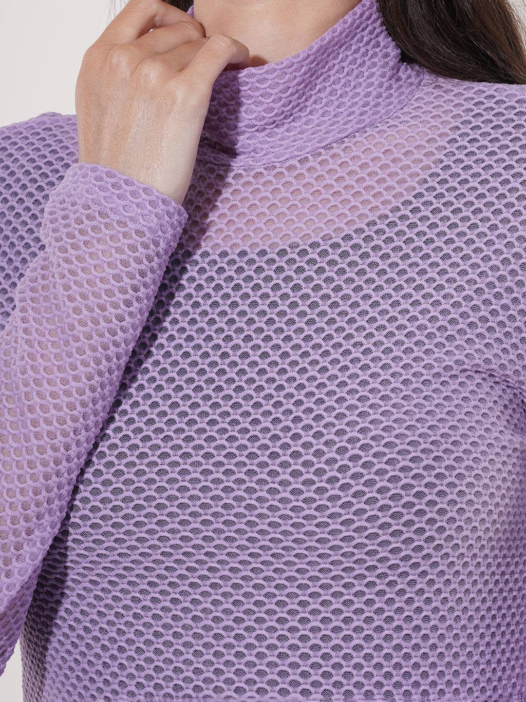 Clobug Women High Neck Full Sleeve Net Top