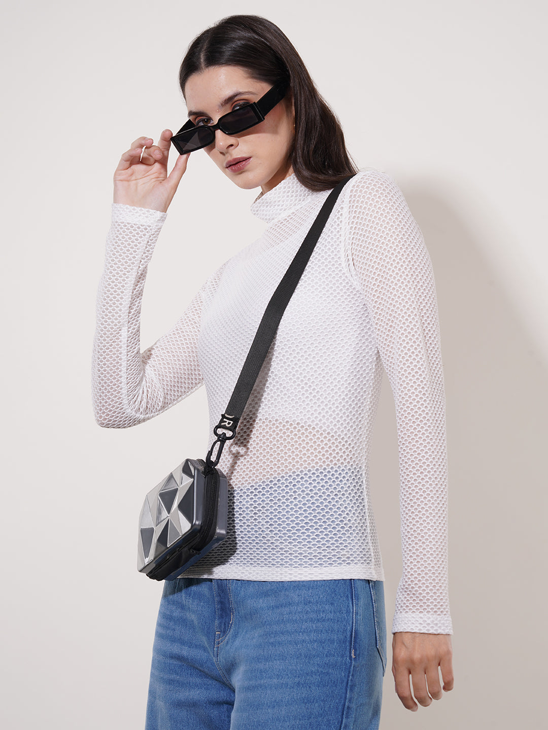 Clobug Women High Neck Full Sleeve Net Top