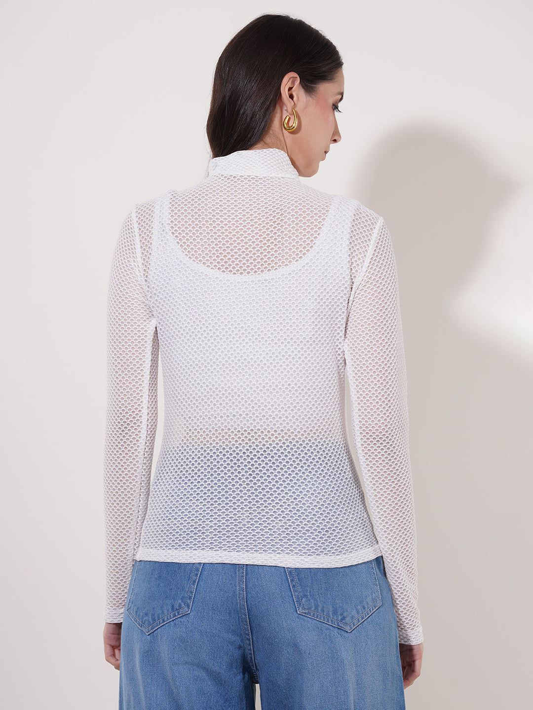 Clobug Women High Neck Full Sleeve Net Top