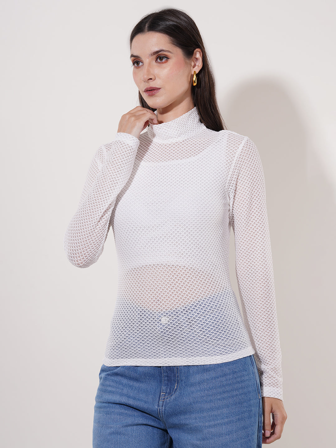 Clobug Women High Neck Full Sleeve Net Top