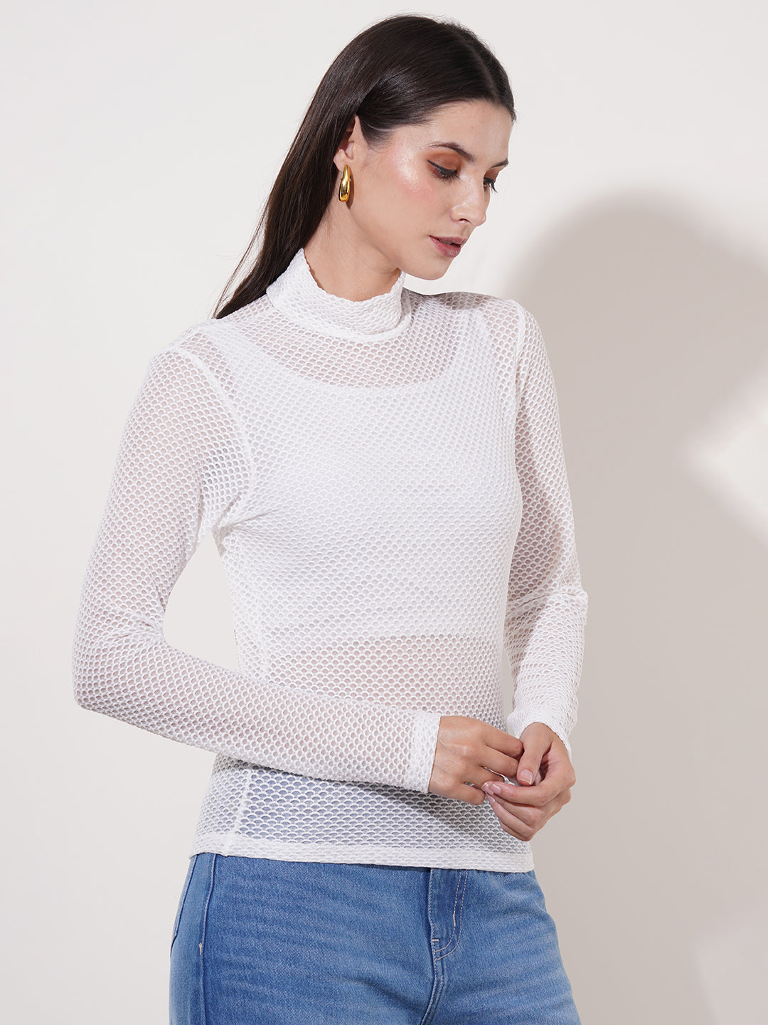 Clobug Women High Neck Full Sleeve Net Top