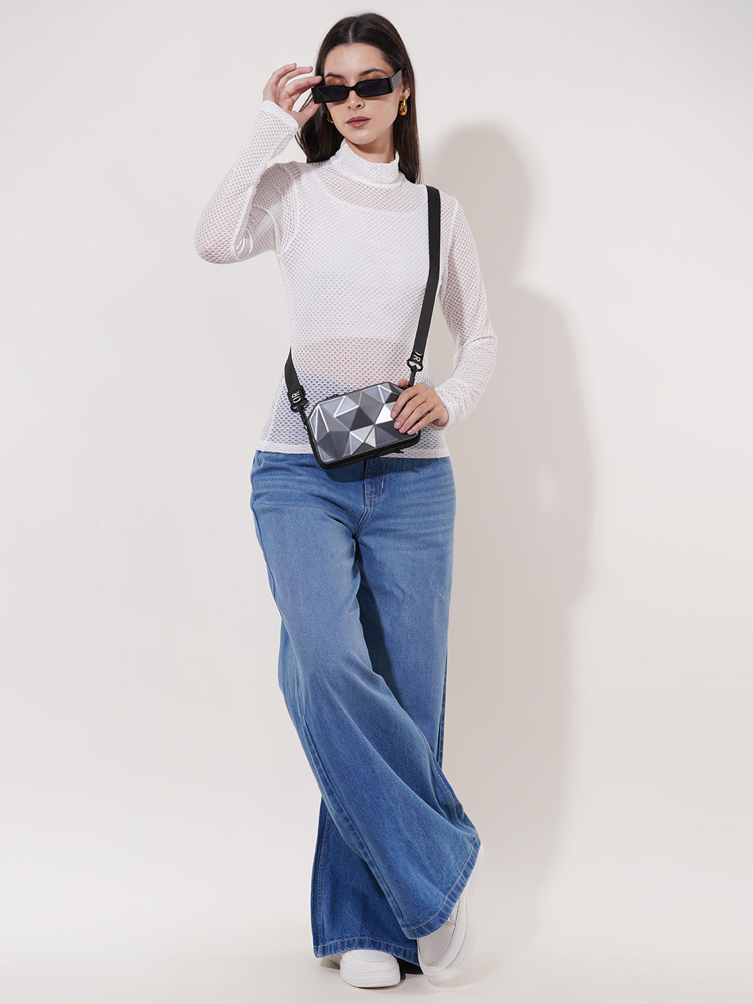 Clobug Women High Neck Full Sleeve Net Top