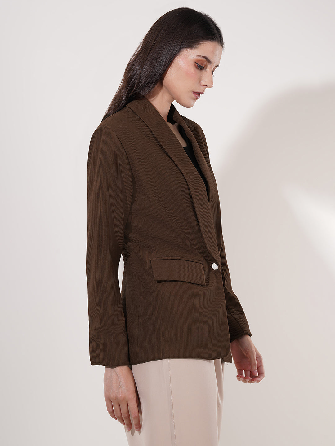 Clobug Women Solid Single Breast Full Sleeve Cotton Blend Blazer