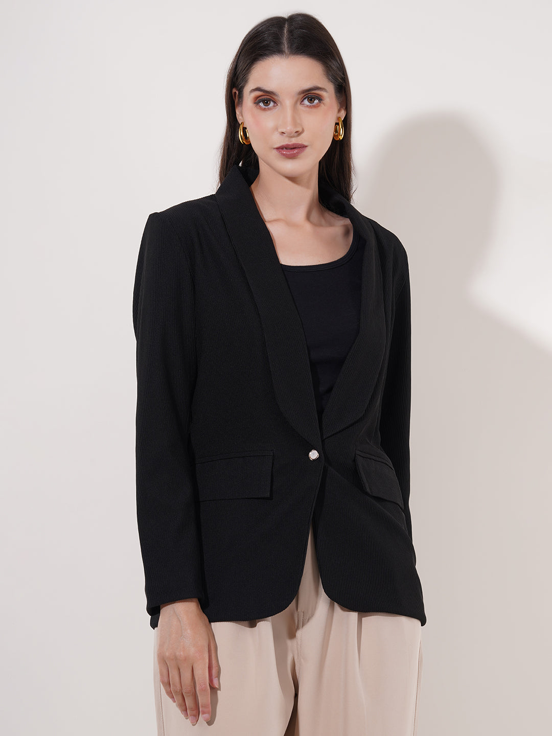Clobug Women Solid Single Breast Full Sleeve Cotton Blend Blazer