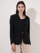 Clobug Women Solid Single Breast Full Sleeve Cotton Blend Blazer