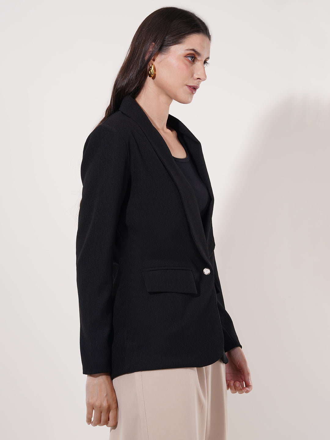 Clobug Women Solid Single Breast Full Sleeve Cotton Blend Blazer