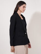 Clobug Women Solid Single Breast Full Sleeve Cotton Blend Blazer