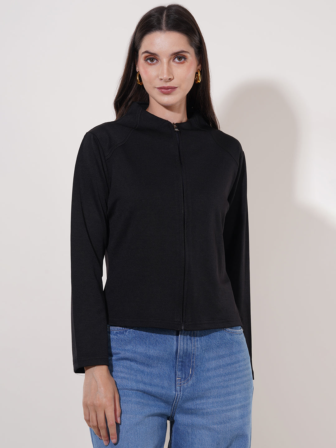 Clobug Women High Neck Full Sleeve Cotton Blend Jacket