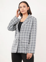 Clobug Women Cotton Blend Check Print Full Sleeve Grey Blazer
