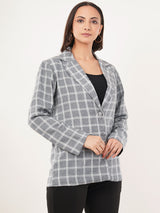 Clobug Women Cotton Blend Check Print Full Sleeve Grey Blazer