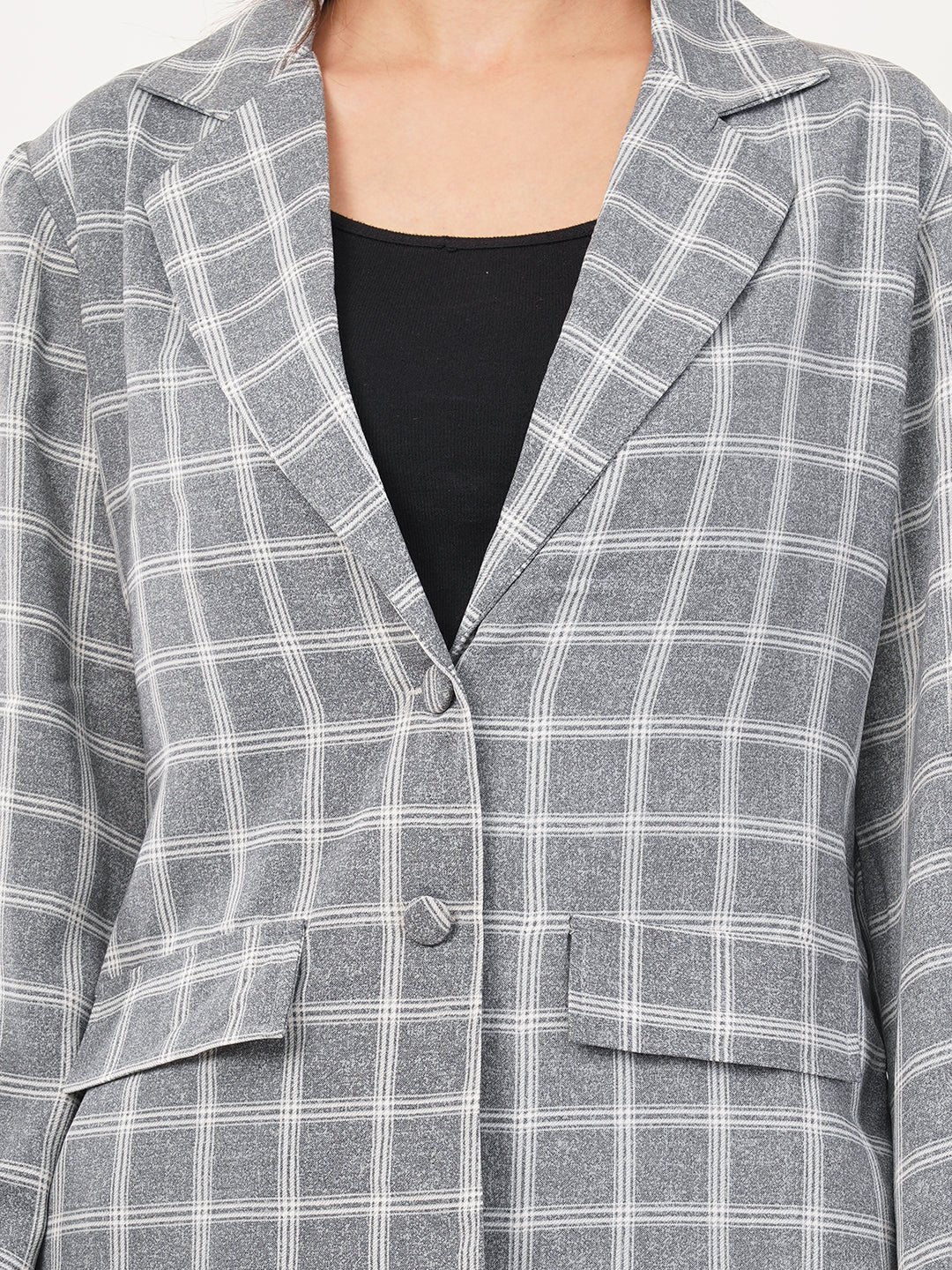 Clobug Women Cotton Blend Check Print Full Sleeve Grey Blazer