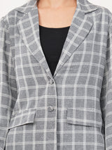 Clobug Women Cotton Blend Check Print Full Sleeve Grey Blazer