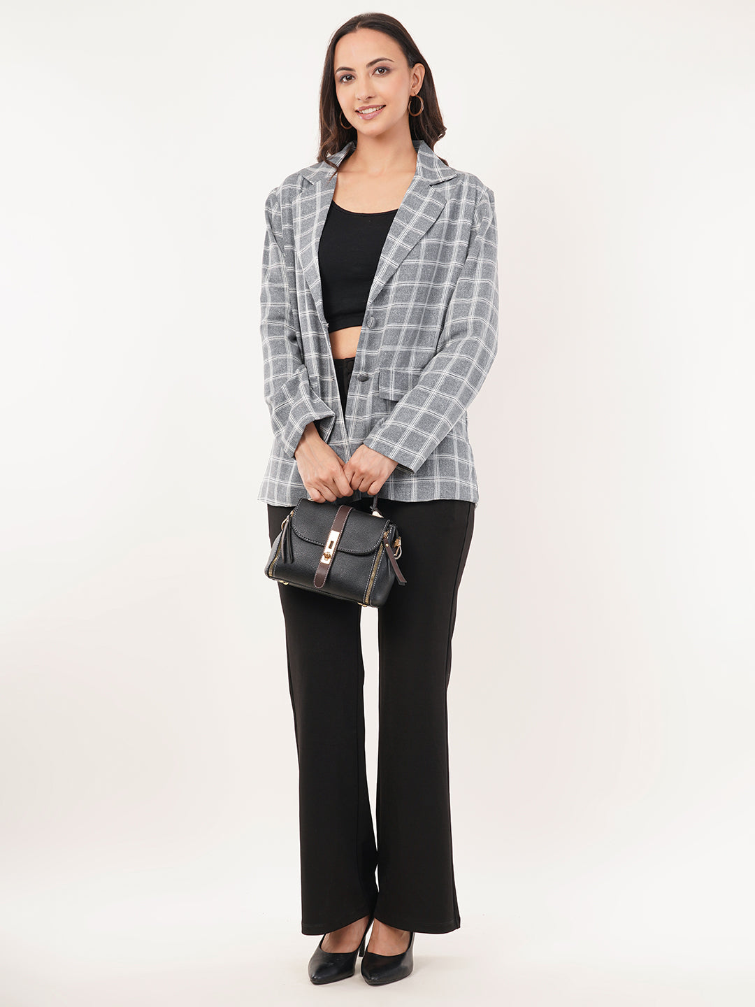 Clobug Women Cotton Blend Check Print Full Sleeve Grey Blazer
