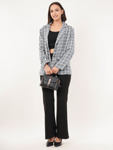 Clobug Women Cotton Blend Check Print Full Sleeve Grey Blazer