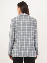 Clobug Women Cotton Blend Check Print Full Sleeve Grey Blazer