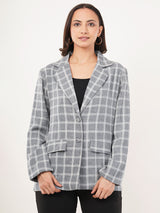 Clobug Women Cotton Blend Check Print Full Sleeve Grey Blazer