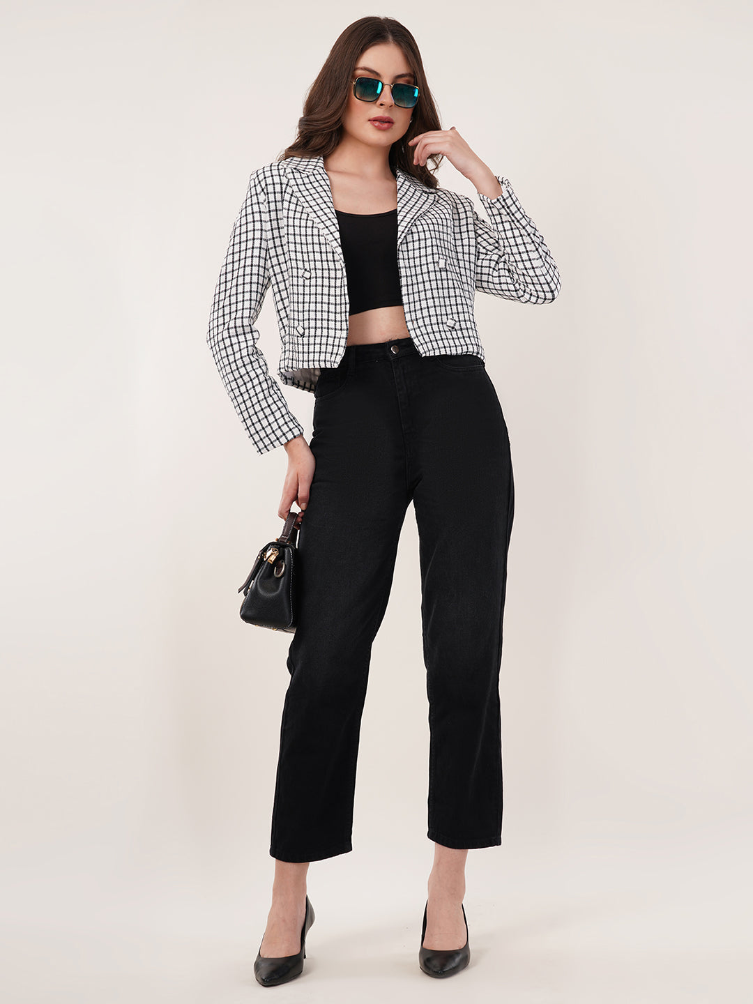Clobug Women Cotton Blend Check Print Full Sleeve Black Blazer