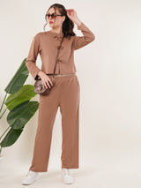 Clobug Women Cotton Blend Brown Sweatshirt Top With Trackpant Co-ord Set