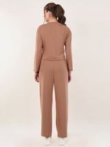 Clobug Women Cotton Blend Brown Sweatshirt Top With Trackpant Co-ord Set