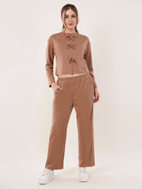 Clobug Women Cotton Blend Brown Sweatshirt Top With Trackpant Co-ord Set
