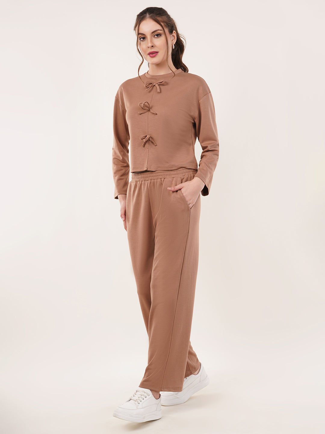 Clobug Women Cotton Blend Brown Sweatshirt Top With Trackpant Co-ord Set