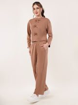 Clobug Women Cotton Blend Brown Sweatshirt Top With Trackpant Co-ord Set