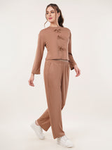 Clobug Women Cotton Blend Brown Sweatshirt Top With Trackpant Co-ord Set