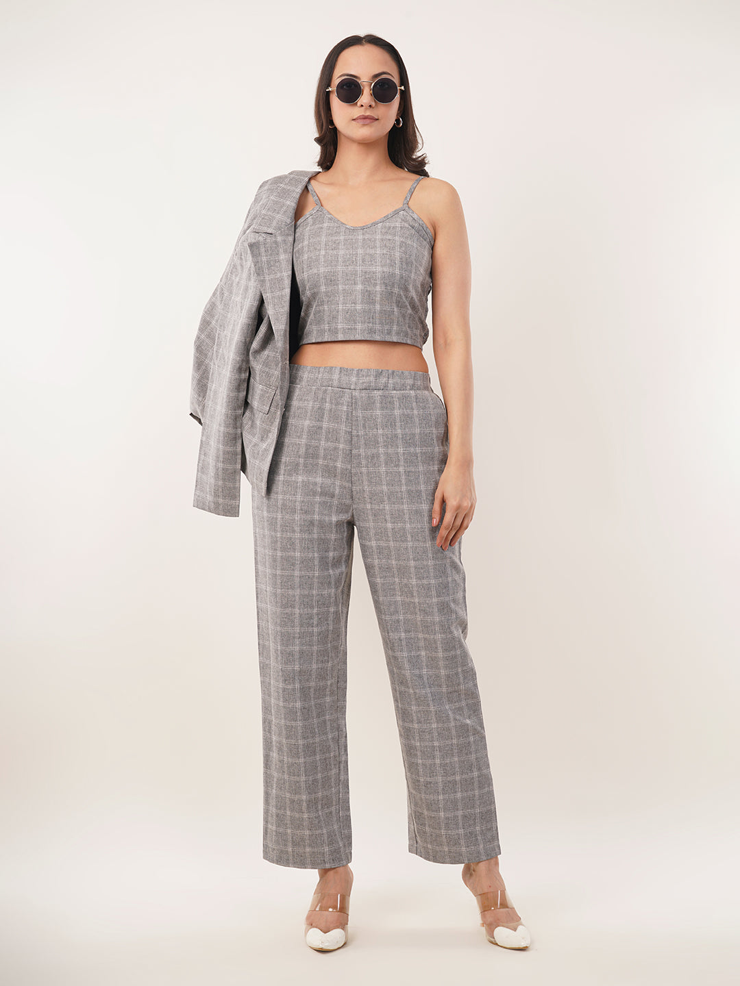 Clobug Women Cotton Blend Top And Blazer With Trouser 3 Pc Co-ord Set