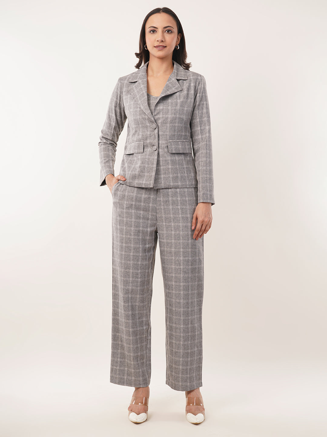 Clobug Women Cotton Blend Top And Blazer With Trouser 3 Pc Co-ord Set