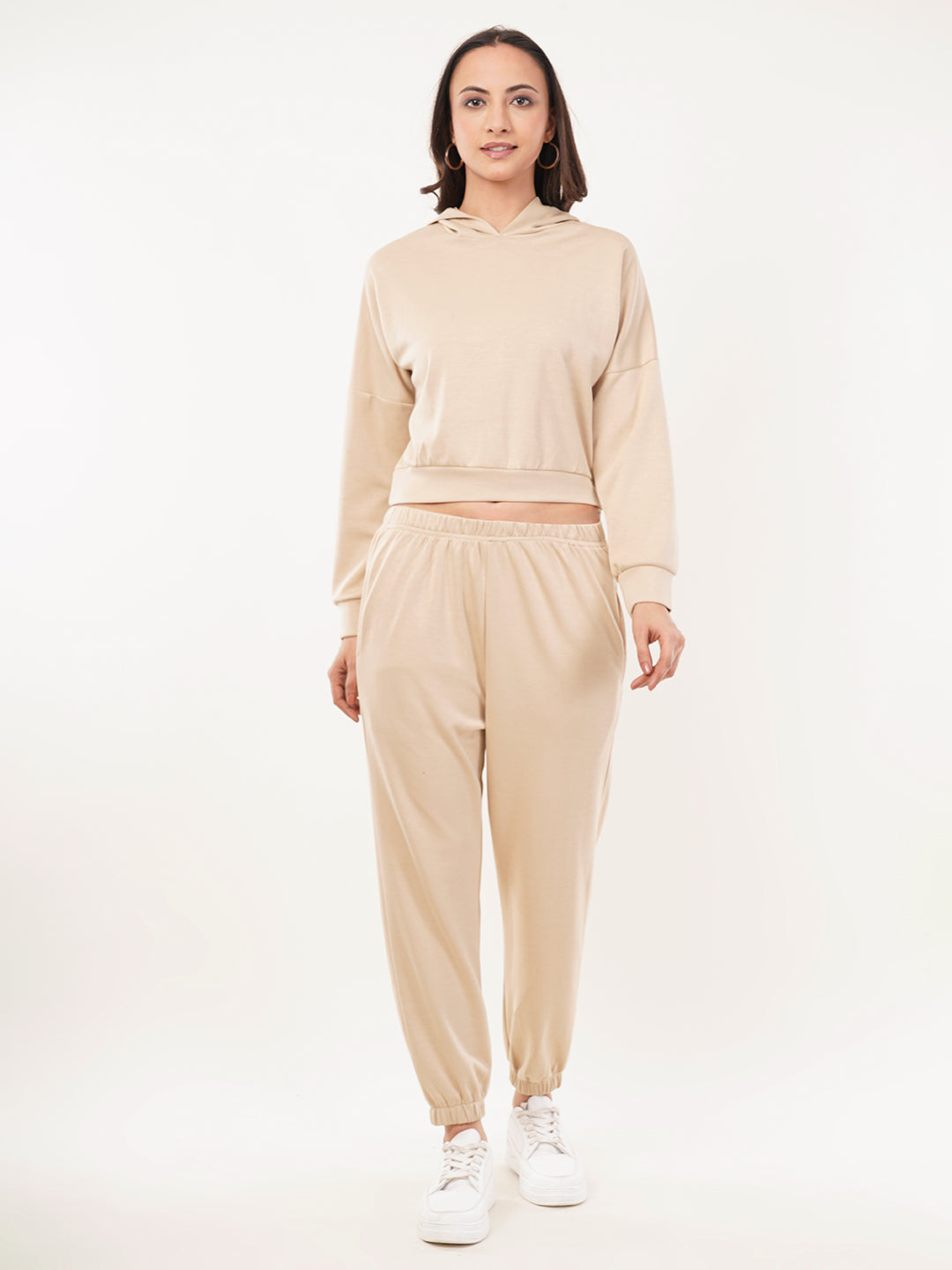 Clobug Women Solid Hooded Sweatshirt With Joggers Off White Co-ord Set