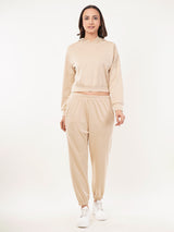 Clobug Women Solid Hooded Sweatshirt With Joggers Off White Co-ord Set