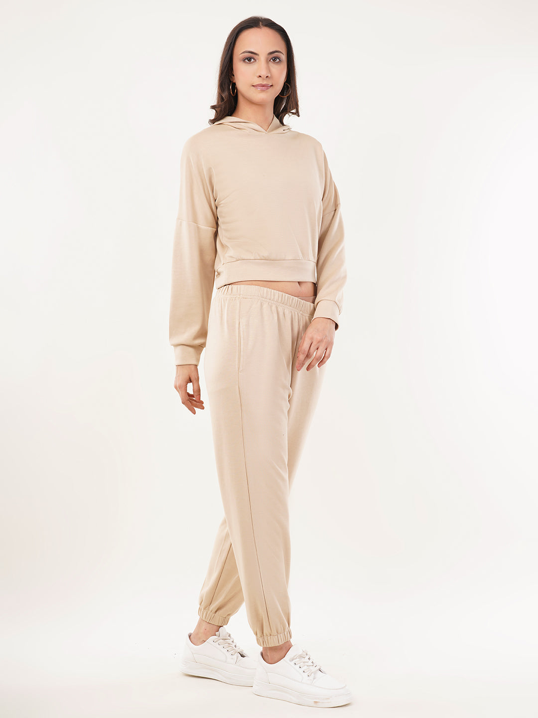 Clobug Women Solid Hooded Sweatshirt With Joggers Off White Co-ord Set