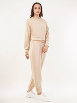 Clobug Women Solid Hooded Sweatshirt With Joggers Off White Co-ord Set