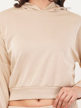 Clobug Women Solid Hooded Sweatshirt With Joggers Off White Co-ord Set