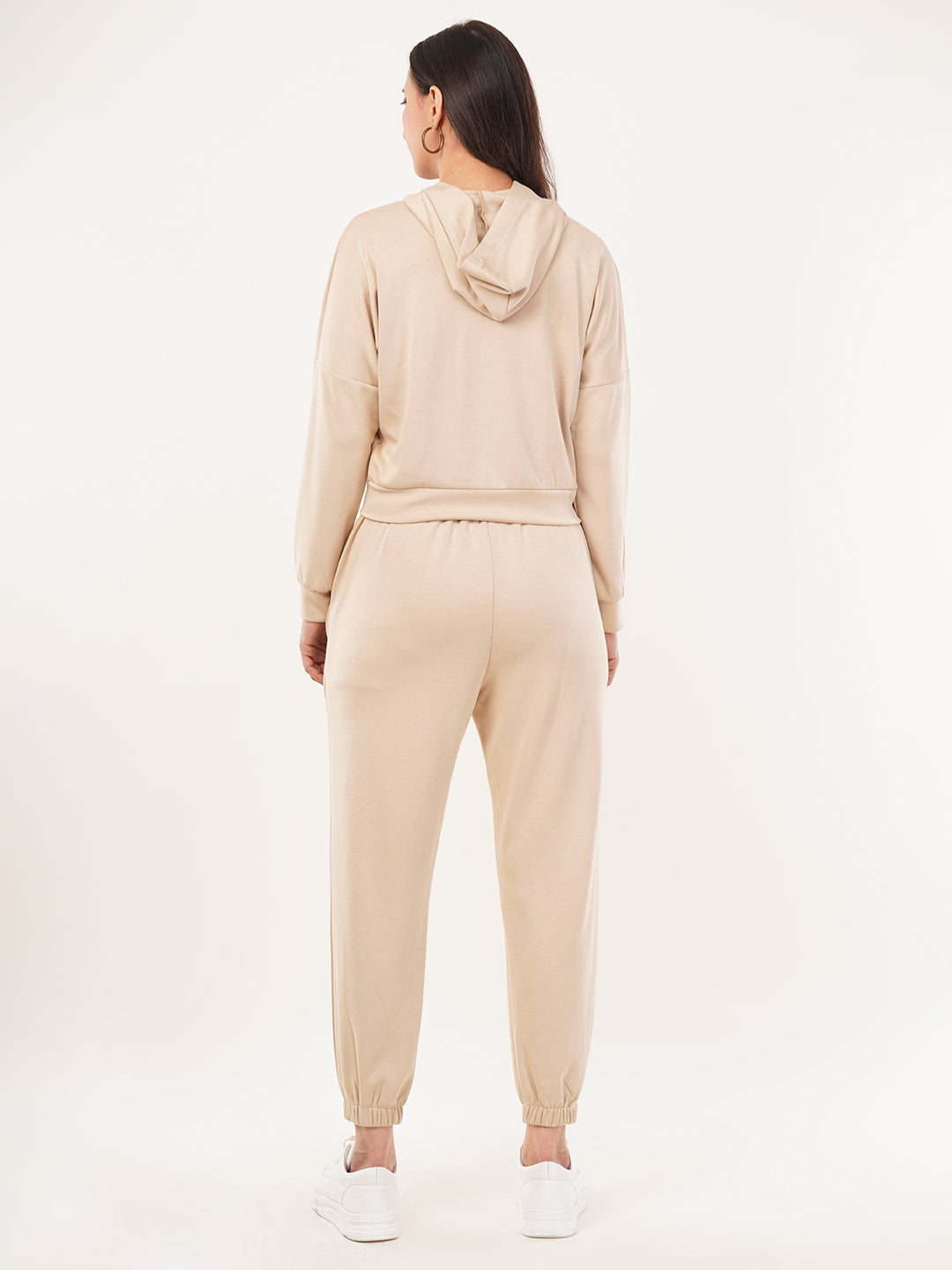 Clobug Women Solid Hooded Sweatshirt With Joggers Off White Co-ord Set