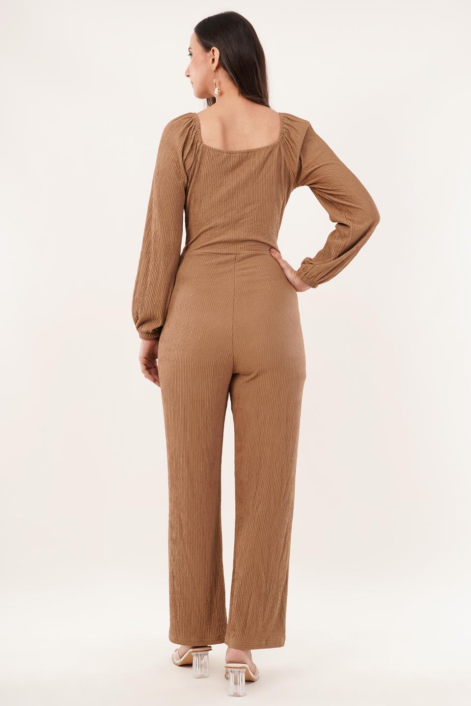 Clobug Women Solid Cotton Blend Sweetheart Neck Full Sleeve Jumpsuit