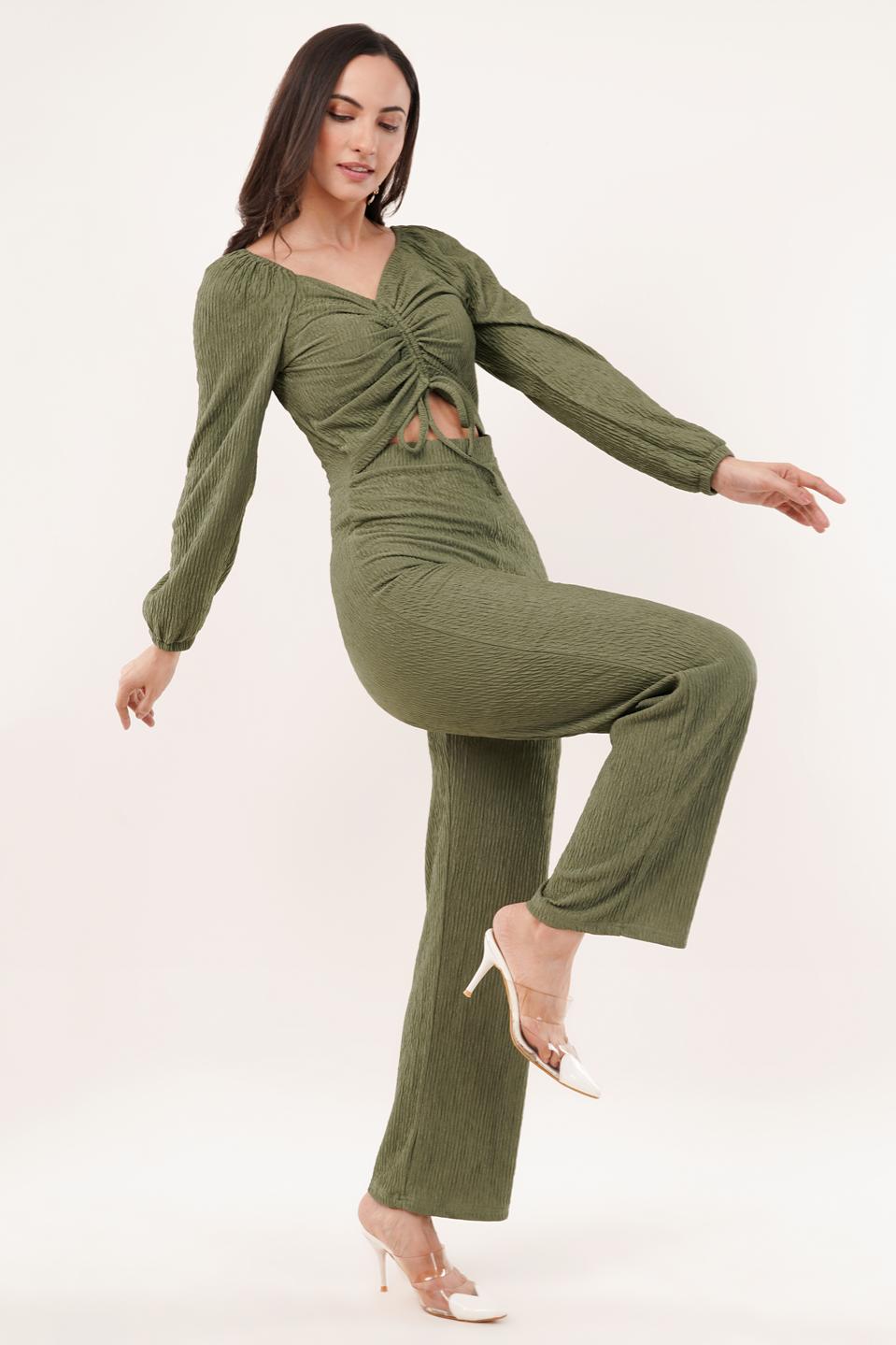 Clobug Women Solid Cotton Blend Sweetheart Neck Full Sleeve Jumpsuit