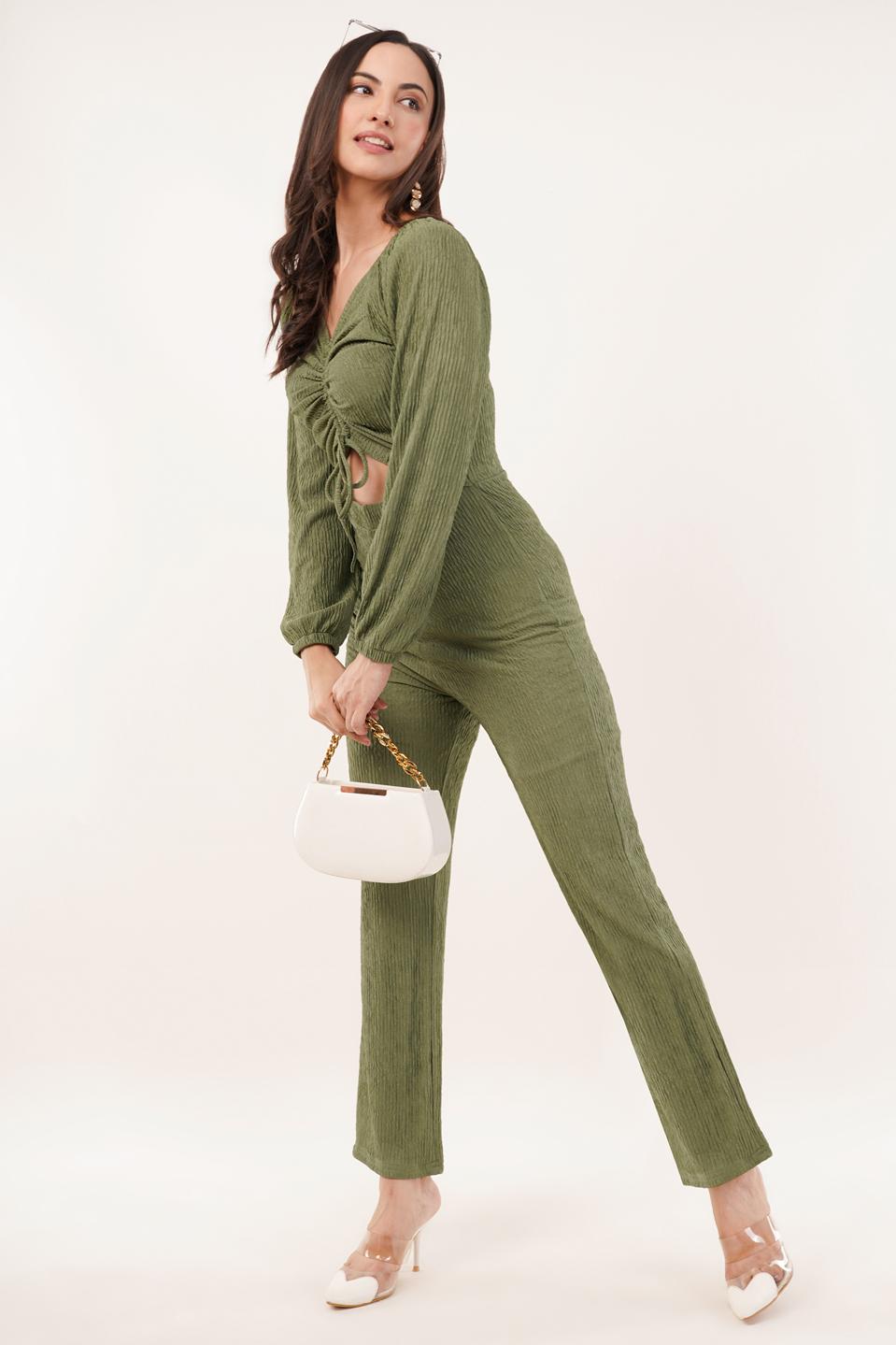 Clobug Women Solid Cotton Blend Sweetheart Neck Full Sleeve Jumpsuit