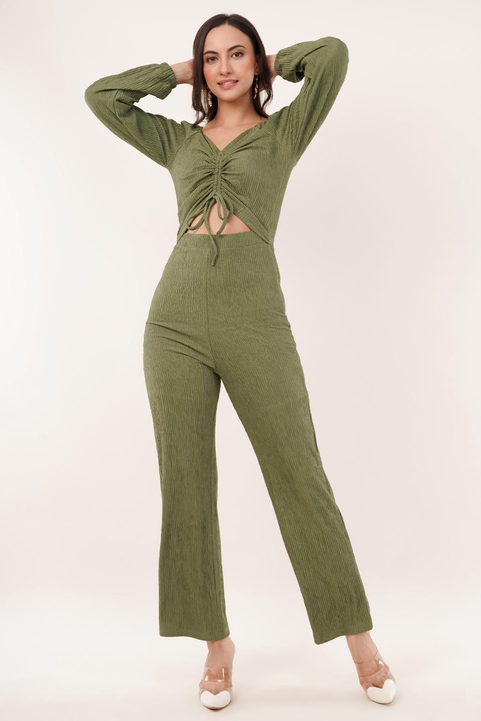 Clobug Women Solid Cotton Blend Sweetheart Neck Full Sleeve Jumpsuit