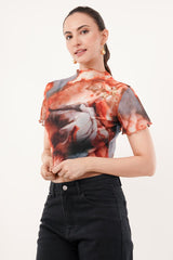 Clobug Women Short Sleeve Printed High Neck Crop Top