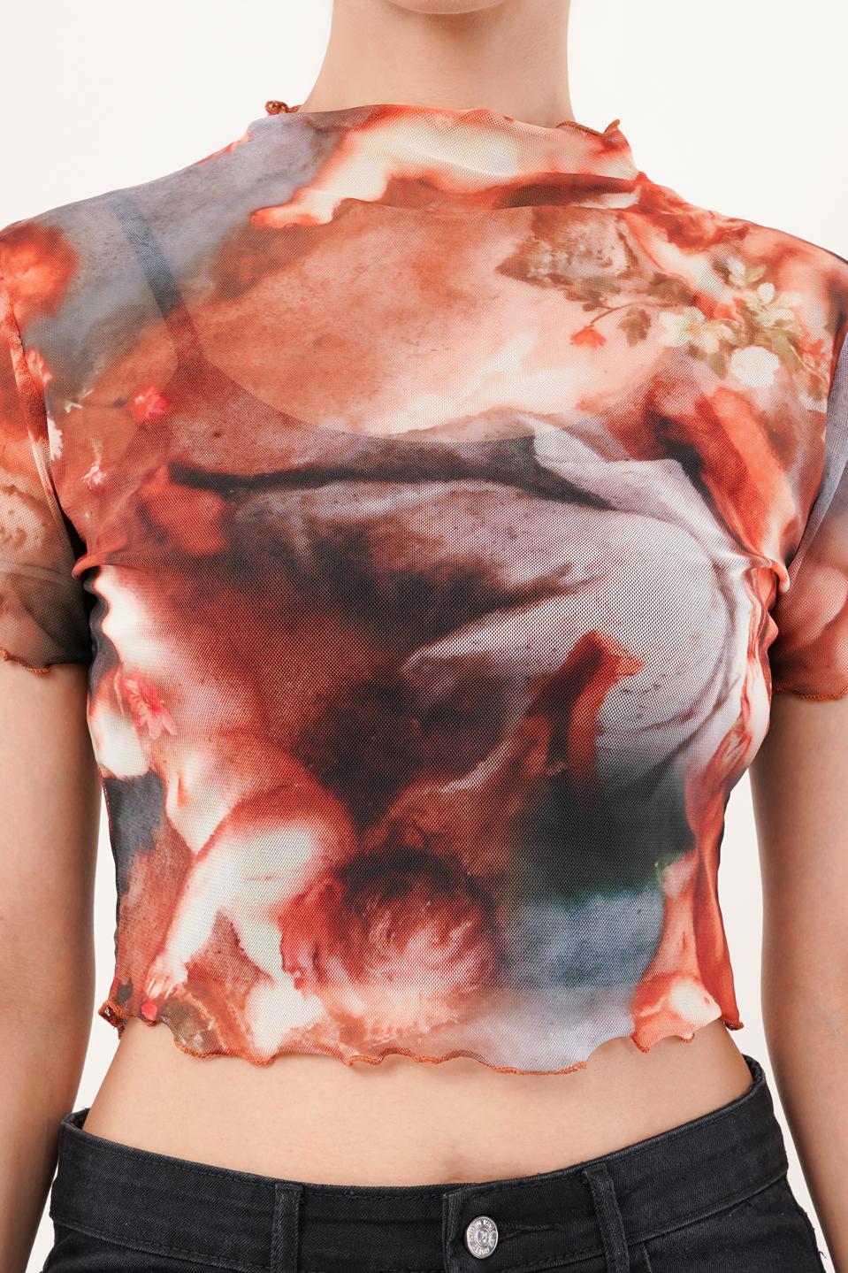Clobug Women Short Sleeve Printed High Neck Crop Top