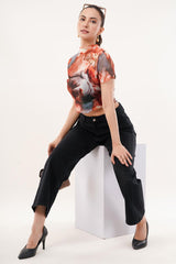 Clobug Women Short Sleeve Printed High Neck Crop Top
