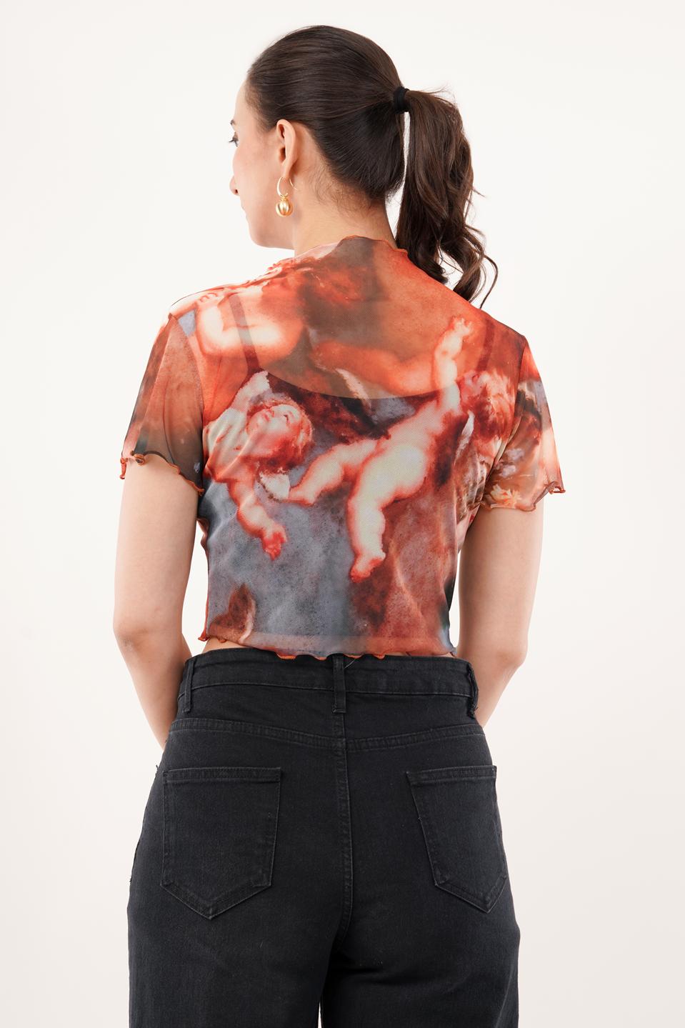 Clobug Women Short Sleeve Printed High Neck Crop Top