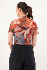 Clobug Women Short Sleeve Printed High Neck Crop Top