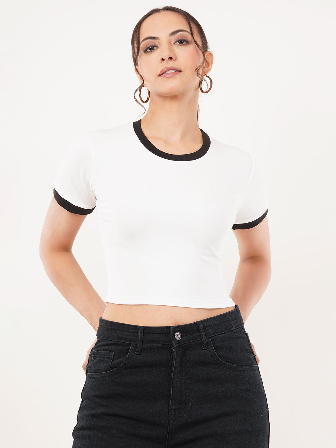 Clobug Women Cotton Blend Round Neck Short Sleeve Crop Top