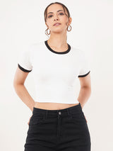 Clobug Women Cotton Blend Round Neck Short Sleeve Crop Top