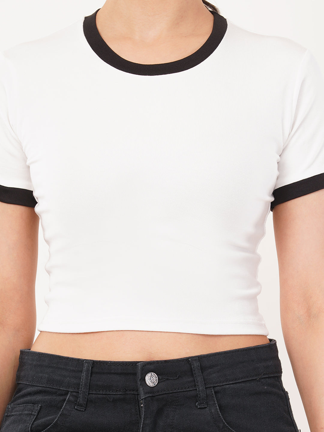 Clobug Women Cotton Blend Round Neck Short Sleeve Crop Top