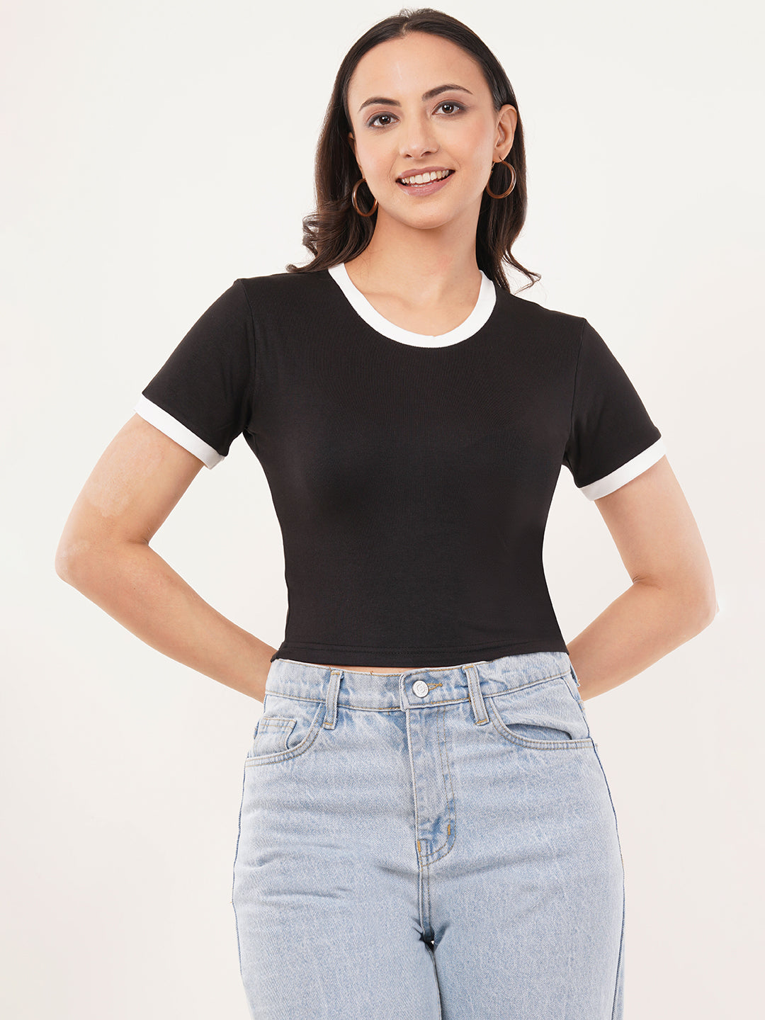 Clobug Women Cotton Blend Round Neck Short Sleeve Crop Top